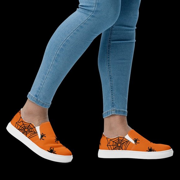 women's slip-on spider canvas shoes orange & black Halloween  fall spiderweb - Picture 10 of 14